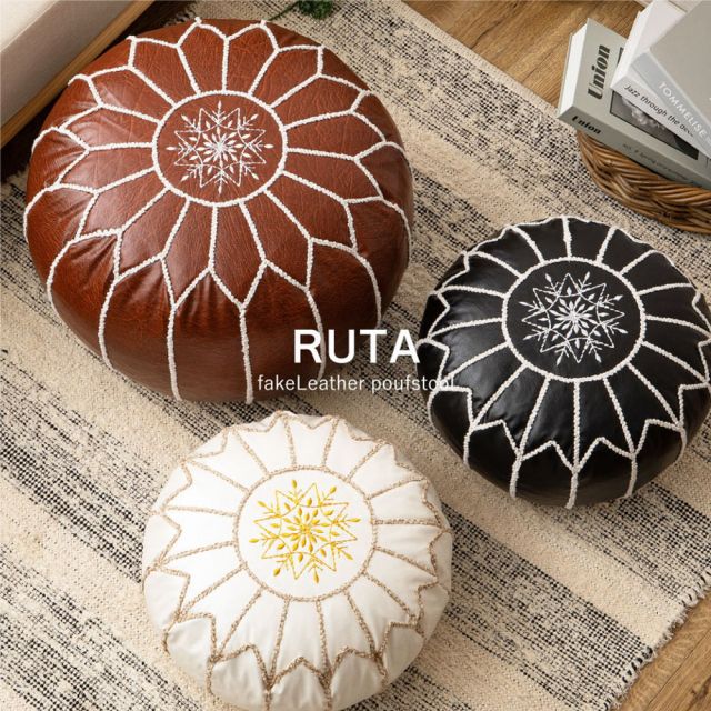 スーパSALE10倍＆4時間限定10％OFF プフ スツール ルタ 直径約50cm Lサイズ 円形 クッション オットマン フェイクレザー 合皮 モロッカン 刺繍 いぐさ　たたみ