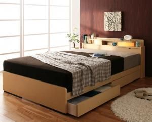 スーパSALE10倍＆4時間限定10％OFF 照明・棚付き収納ベッド 国産ポケットコイルマットレス付き セミダブル