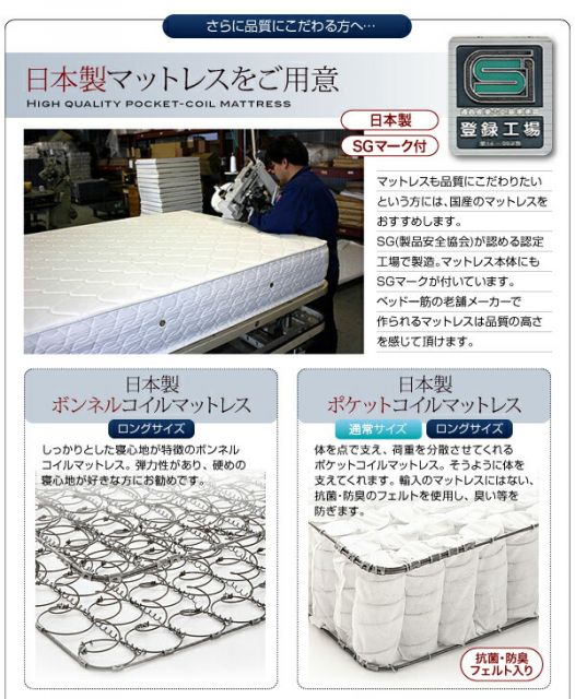 照明・棚付きフロアベッド ボンネルコイルマットレス付き セミダブル レギュラー丈