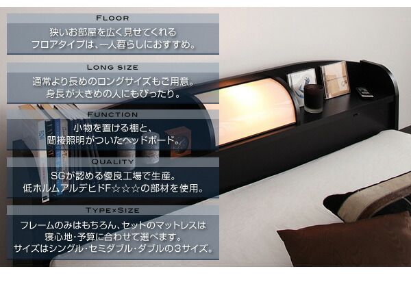 スーパSALE10倍＆4時間限定10％OFF 照明・棚付きフロアベッド ベッドフレームのみ セミダブル レギュラー丈