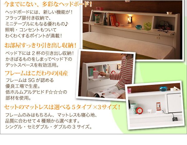 スーパSALE10倍＆4時間限定10％OFF 照明・コンセント付き収納ベッド ボンネルコイルマットレス付き シングル