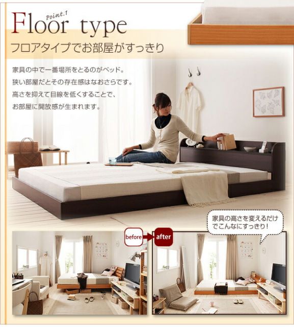 スーパSALE10倍＆4時間限定10％OFF 棚・コンセント付きフロアベッド 国産カバーポケットコイルマットレス付き セミダブル
