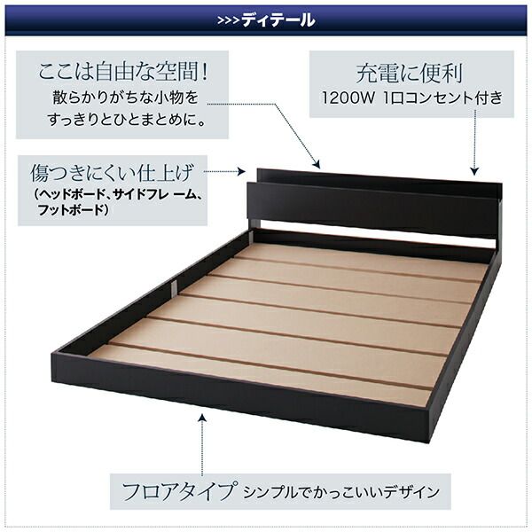 スーパSALE10倍＆4時間限定10％OFF 棚・コンセント付きフロアベッド プレミアムポケットコイルマットレス付き セミダブル