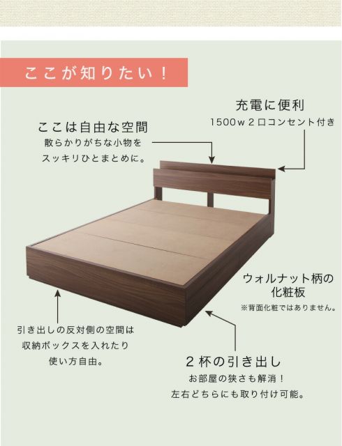 スーパSALE10倍＆4時間限定10％OFF ロングセラー 人気 ベッド ベッドフレーム マットレス付き 収納付き 木製 コンセント付き 収納ベッド 引き出し付きベッド ウォルナットブラウン 国産カバーポケットコイルマットレス付き セミダブル