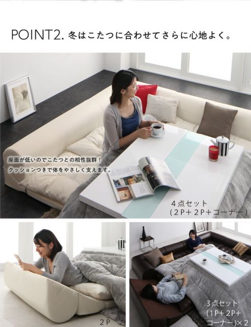 スーパSALE10倍＆4時間限定10％OFF フロアソファ ベーシック日本製 合皮 ロースタイル フロアコーナーソファ 4点セット 1P+2P+コーナー×2 こたつ カウチ レザー ブラック ホワイト 黒 白 3人掛け 2人掛け こたつソファ