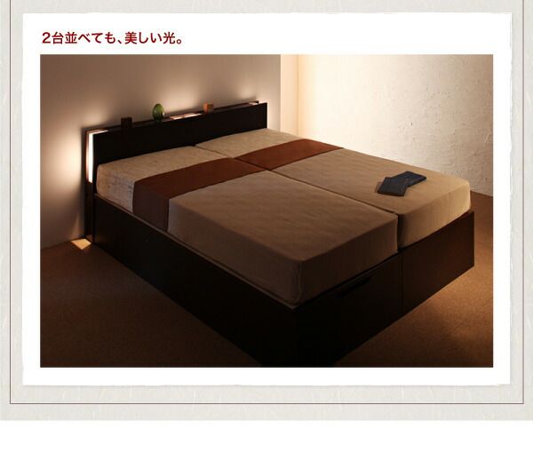 スーパSALE10倍＆4時間限定10％OFF ベッド ベット 収納付きベッド 収納 収納付 跳ね上げベッド 深型 コンセント付 大容量 宮付き 照明 日本製 おしゃれ モダン お客様組立 薄型プレミアムボンネルコイルマットレス付 縦開 シングル 深さラージ