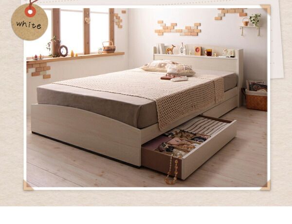 カントリーデザインのコンセント付き収納ベッド プレミアムボンネルコイルマットレス付き シングル