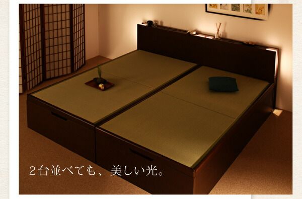 スーパSALE10倍＆4時間限定10％OFF お客様組立 照明・棚付きガス圧式跳ね上げ収納畳ベッド 国産タイプ 縦開き・ベッドガード付き セミダブル 深さレギュラー