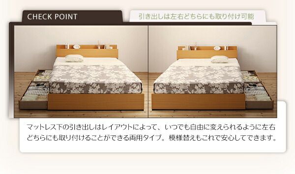 スーパSALE10倍＆4時間限定10％OFF 棚・コンセント付き収納ベッド 国産カバーポケットコイルマットレス付き セミダブル