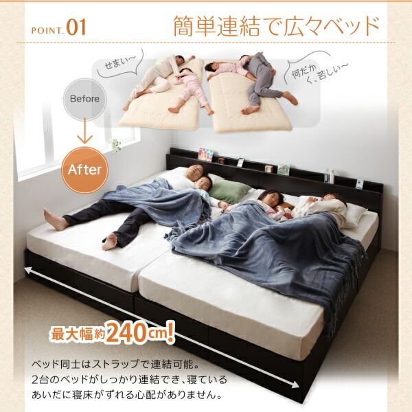 スーパSALE10倍＆4時間限定10％OFF 連結ファミリー収納ベッド 国産カバーポケットコイルマットレス付き Aタイプ シングル