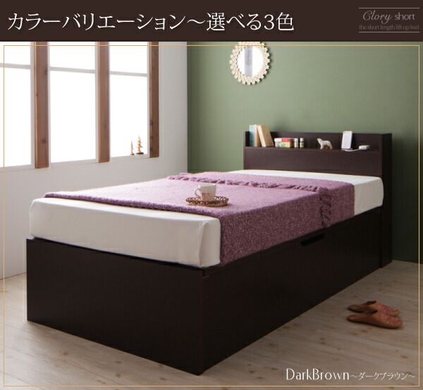 スーパSALE10倍＆4時間限定10％OFF お客様組立 国産跳上げ収納ベッド 薄型プレミアムポケットコイルマットレス付き 横開き セミシングル ショート丈 深さラージ