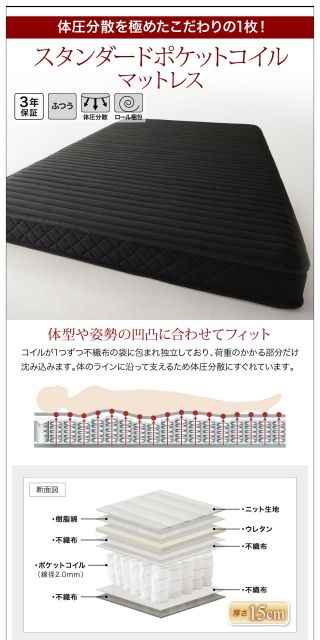 棚・コンセント付きフロアベッド スタンダードポケットコイルマットレス付き ダブル