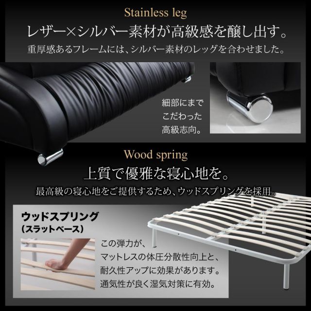 ベッド ベット ダブル クイーン D Q ベッドフレーム マットレス付 背もたれ ヘッドレスト 高級 レザー 高級感 デザイン ブラック ホワイト 黒 白 ローベッド フロアベッド 耐久性 傷防止 スタンダードポケットコイルマットレス付き クイーン
