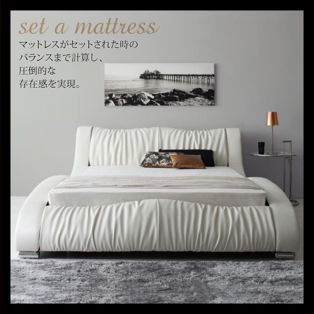 スーパSALE10倍＆4時間限定10％OFF ベッド ベット ダブル クイーン D Q ベッドフレーム マットレス付 背もたれ ヘッドレスト 高級 レザー 高級感 デザイン ブラック ホワイト 黒 白 ローベッド フロアベッド 耐久性 傷防止 羊毛入りゼルトスプリングマットレス付き クイーン