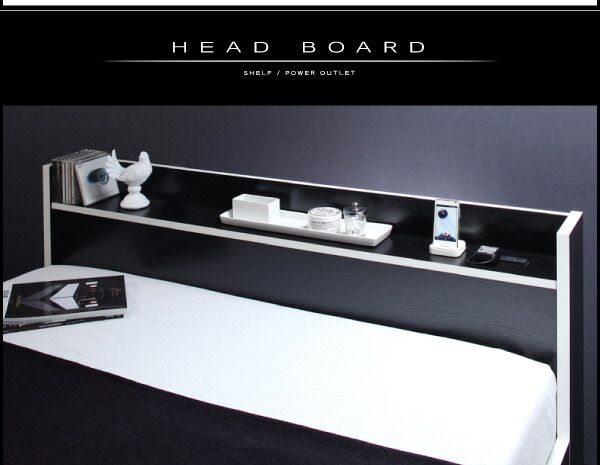 モノトーン・バイカラー_棚・コンセント付き収納ベッド スタンダードボンネルコイルマットレス付き セミダブル