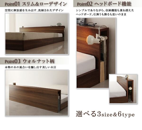 スリムヘッドボードフロアベッド スタンダードポケットコイルマットレス付き ダブル