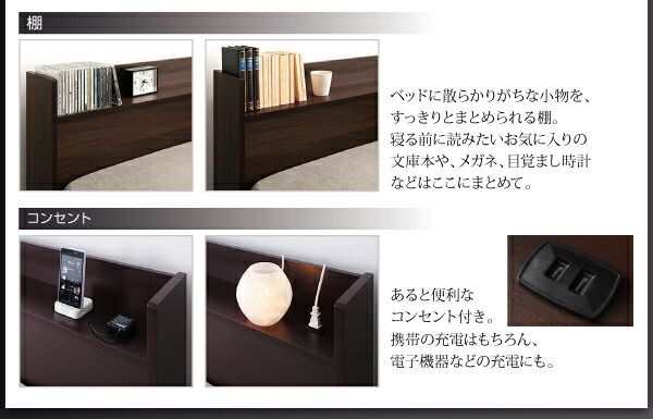 スーパSALE10倍＆4時間限定10％OFF 棚・コンセント付収納ベッド プレミアムボンネルコイルマットレス付き キング