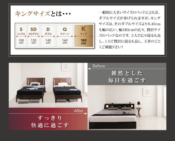 スーパSALE10倍＆4時間限定10％OFF モダンデザイン・キングサイズ収納ベッド 国産カバーポケットコイルマットレス付き キング(K×1)