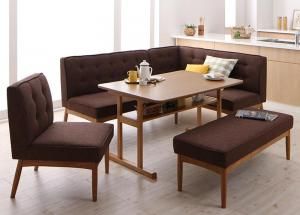 スーパSALE10倍＆4時間限定10％OFF ダイニングセット（テーブル&ソファ チェア ベンチ） 北欧デザインリビングダイニングセット 6人 5点セット(テーブル+ソファ1脚+アームソファ1脚+チェア1脚+ベンチ1脚) 右アーム W120