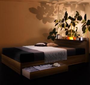 モダンライト・コンセント付き収納ベッド  プレミアムボンネルコイルマットレス付き シングル