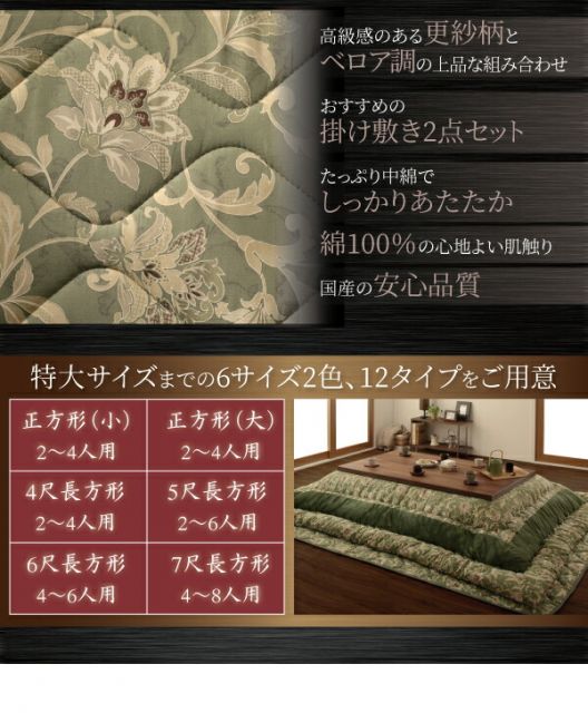 スーパSALE10倍＆4時間限定10％OFF こたつ布団セット 更紗模様こたつ布団 掛布団&敷布団2点セット 5尺長方形(90×150cm)天板対応