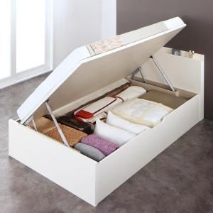 スーパSALE10倍＆4時間限定10％OFF お客様組立 国産跳ね上げ収納ベッド ホワイト 薄型スタンダードボンネルコイルマットレス付き 横開き セミダブル 深さグランド