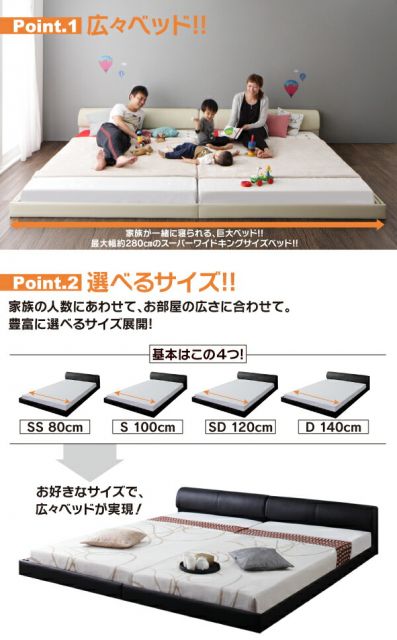 スーパSALE10倍＆4時間限定10％OFF ワイドレザーフロアベッド プレミアムボンネルコイルマットレス付き ワイドK200