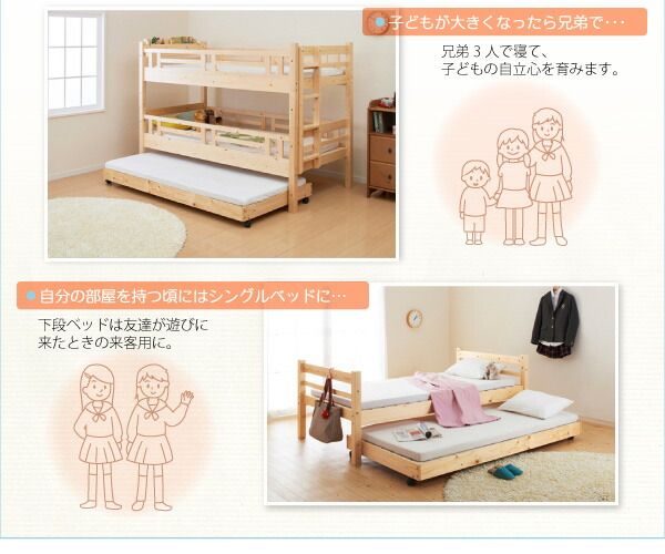 スーパSALE10倍＆4時間限定10％OFF タイプが選べる頑丈ロータイプ収納式3段ベッド ベッドフレームのみ キャスター付シングルタイプ シングル