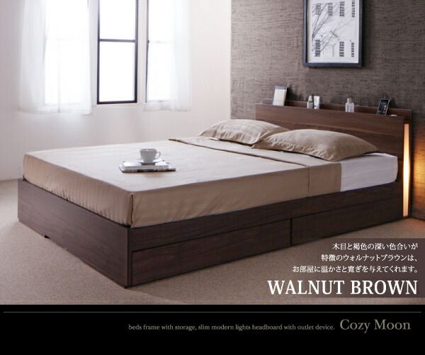 スリムモダンライト付き収納ベッド プレミアムボンネルコイル マットレス付き シングル