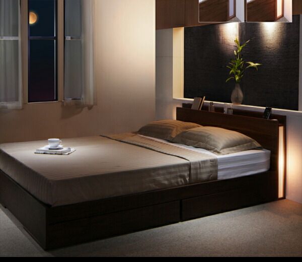 スリムモダンライト付き収納ベッド プレミアムボンネルコイル マットレス付き シングル