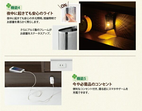 スーパSALE10倍＆4時間限定10％OFF フラップ棚・照明・コンセントつき多機能ベッド  国産ポケットコイルマットレス付き セミダブル