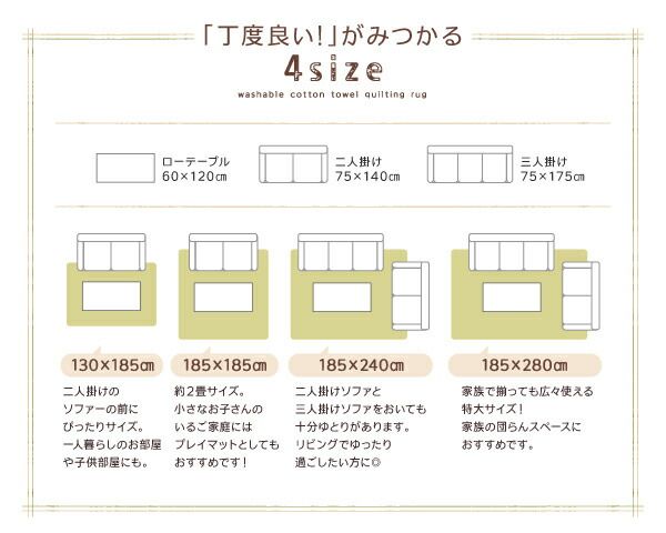 スーパSALE10倍＆4時間限定10％OFF 365日きもちいい ふっくらキルト仕立ての洗えるコットンタオルラグ 防ダニ・抗菌防臭わた入 ラグ ボリュームタイプ 130×185cm