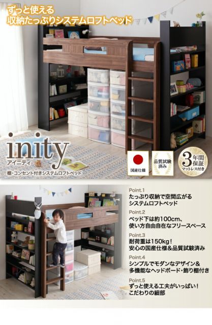スーパSALE10倍＆4時間限定10％OFF お客様組立 棚・コンセント付きシステムロフトベッド 薄型軽量ポケットコイルマットレス付き シングル