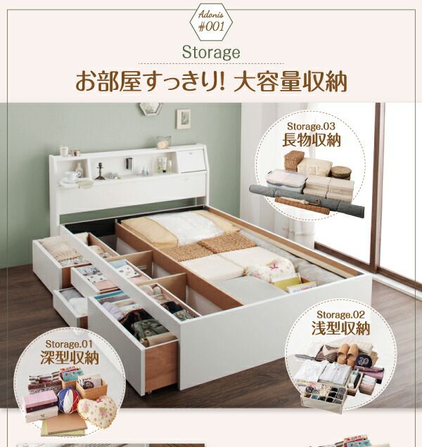 スーパSALE10倍＆4時間限定10％OFF フラップ棚・照明・コンセント付多機能チェストベッド 天然ラテックス入り国産ポケットコイルマットレス付き ダブル