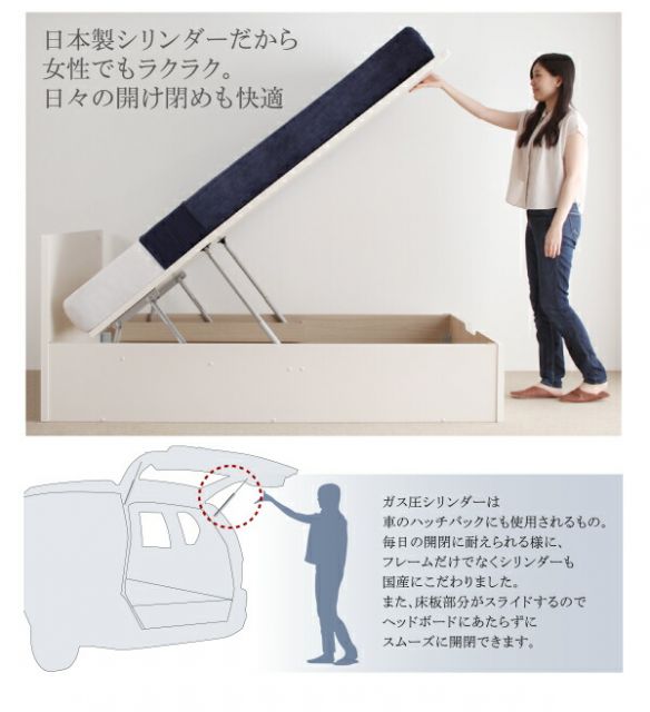 スーパSALE10倍＆4時間限定10％OFF ベッド ベット 収納付きベッド 収納 収納付 跳ね上げ マットレス付き 深型 日本製 ガス圧式 コンセント付 2口 大容量 収納家具 お客様組立 薄型スタンダードポケットコイルマットレス付 セミダブル 深さラージ