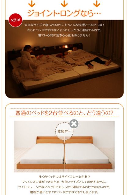 スーパSALE10倍＆4時間限定10％OFF 棚・照明・コンセント付ロング丈連結ベッド ベッドフレームのみ キング ロング丈