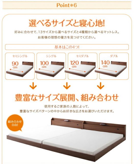 スーパSALE10倍＆4時間限定10％OFF 棚・照明・コンセント付ロング丈連結ベッド 国産ボンネルコイルマットレスハード付き セミダブル ロング丈