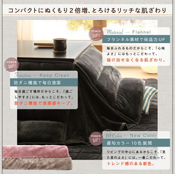 スーパSALE10倍＆4時間限定10％OFF ボリュームが選べる　マイクロファイバーフランネル防ダニ省スペースこたつ掛け・敷き布団2点セット すっきりタイプ 正方形(75×75cm)天板対応