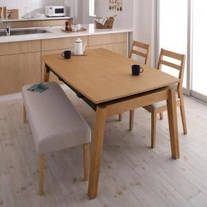 スーパSALE10倍＆4時間限定10％OFF 天然木オーク材 スライド伸縮式ダイニングセット 4人 4点セット(テーブル+チェア2脚+ベンチ1脚) W140-240