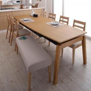 スーパSALE10倍＆4時間限定10％OFF 天然木オーク材 スライド伸縮式ダイニングセット 8人 8点セット(テーブル+チェア6脚+ベンチ1脚) W140-240