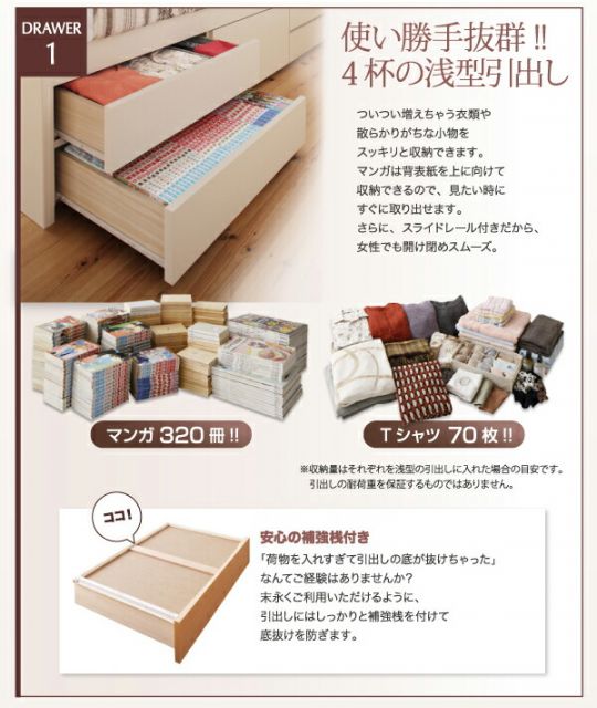スーパSALE10倍＆4時間限定10％OFF お客様組立 国産大容量収納ファミリーチェストベッド ベッドフレームのみ ワイドK220(S+SD)