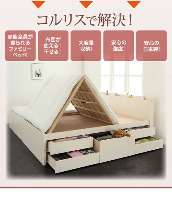 スーパSALE10倍＆4時間限定10％OFF お客様組立 国産大容量収納ファミリーチェストベッド ベッドフレームのみ ワイドK220(S+SD)