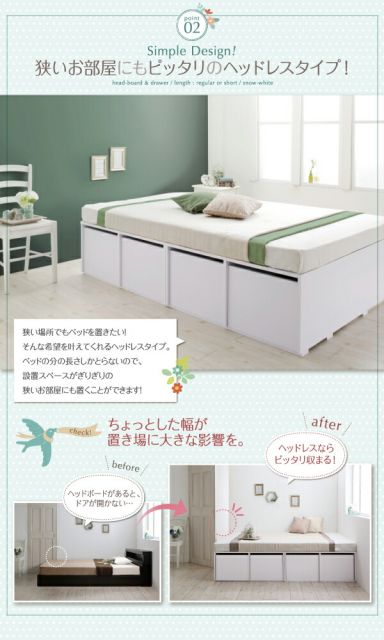 衣装ケースも入る大容量収納ベッド 薄型スタンダードポケットコイルマットレス付き 引出し4杯 セミダブル