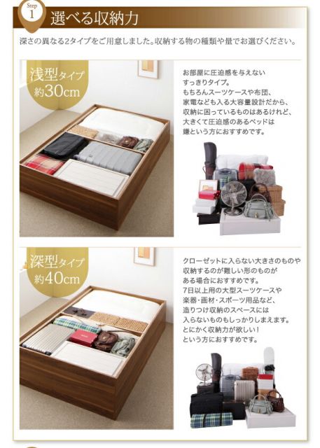 大容量収納庫付きベッド 薄型プレミアムボンネルコイルマットレス付き 深型 ホコリよけ床板 シングル