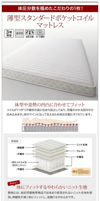 大容量収納庫付きベッド 薄型プレミアムボンネルコイルマットレス付き 深型 すのこ床板 シングル