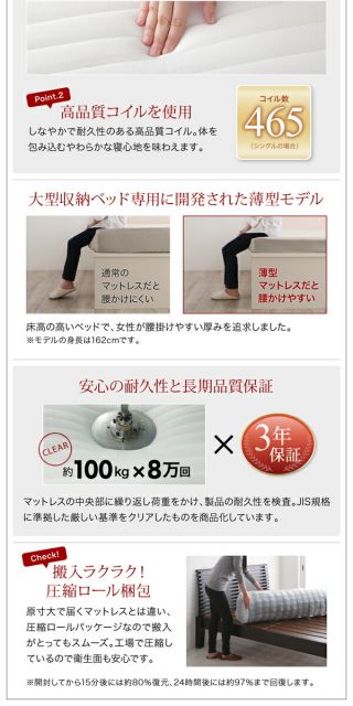 大容量収納庫付きベッド 薄型プレミアムボンネルコイルマットレス付き 深型 すのこ床板 シングル