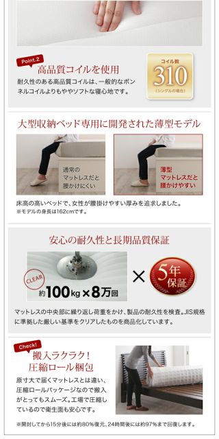 スーパSALE10倍＆4時間限定10％OFF 衣装ケースも入る大容量デザイン収納ベッド 薄型プレミアムボンネルコイルマットレス付き 引出し2杯 シングル