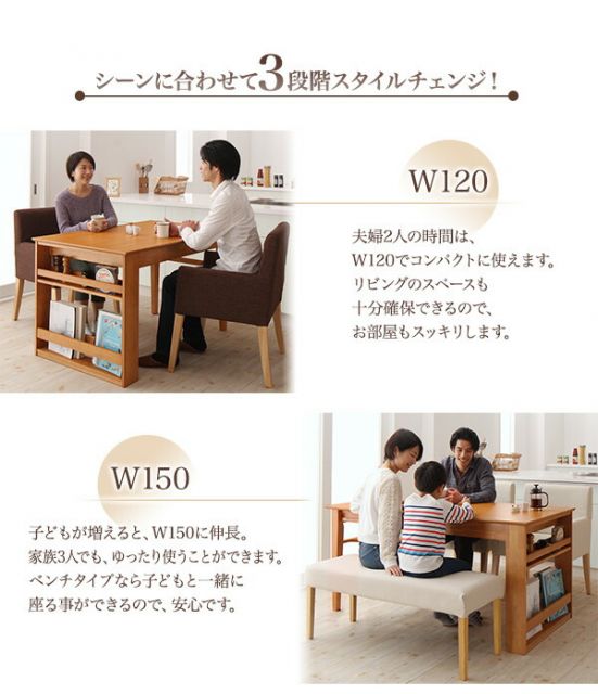 スーパSALE10倍＆4時間限定10％OFF ダイニングテーブル 三段階伸縮式 シェルフ付きダイニングシリーズ ダイニングテーブル単品 W120-180