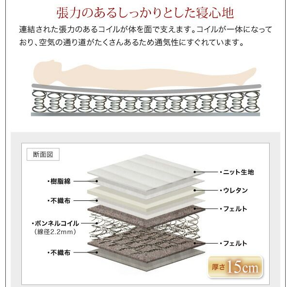 シンプルモダンデザインフロアローステージベッド スタンダードボンネルコイルマットレス付き ダブル