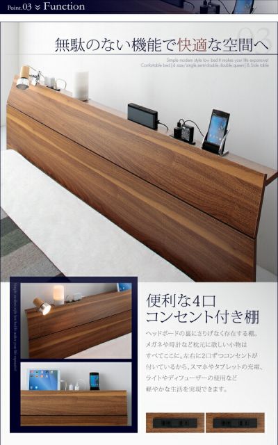 スーパSALE10倍＆4時間限定10％OFF 棚・4口コンセント付きデザインフロアローベッド マルチラススーパースプリングマットレス付き クイーン(Q×1）